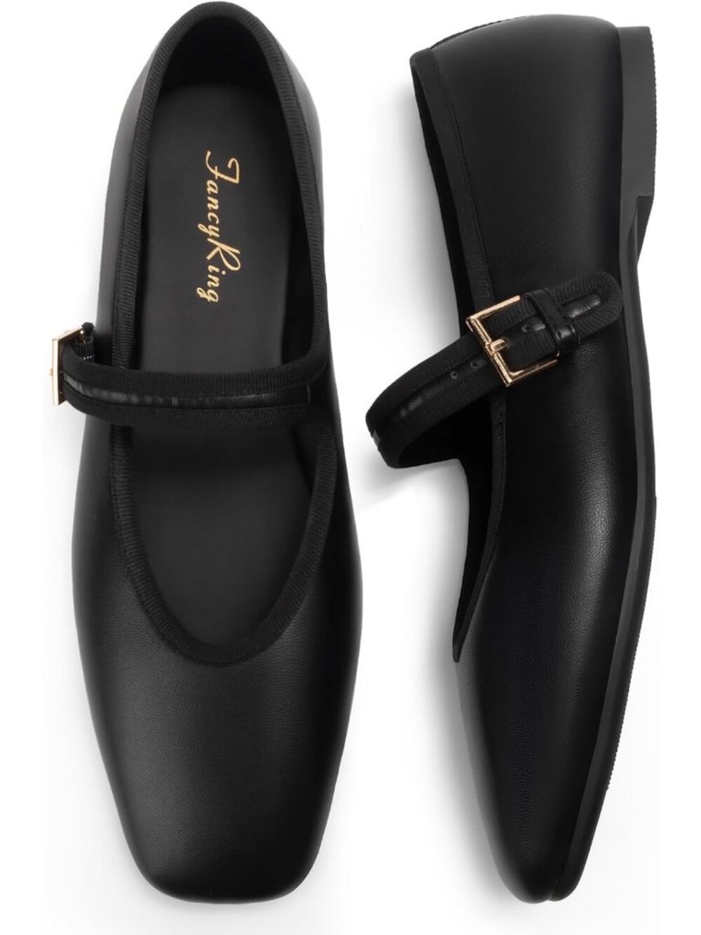 Women's Black Faux Leather Square Toe Adjustable Buckle Strap Comfortable Shoes